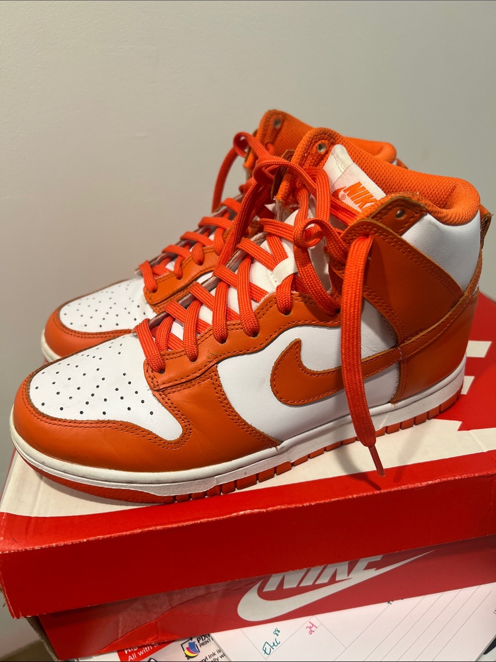 Nike White and Orange Dunk High Sneakers